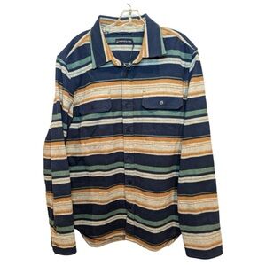 NWOT United By Blue Navy, Mustard & Green Striped Button Shirt